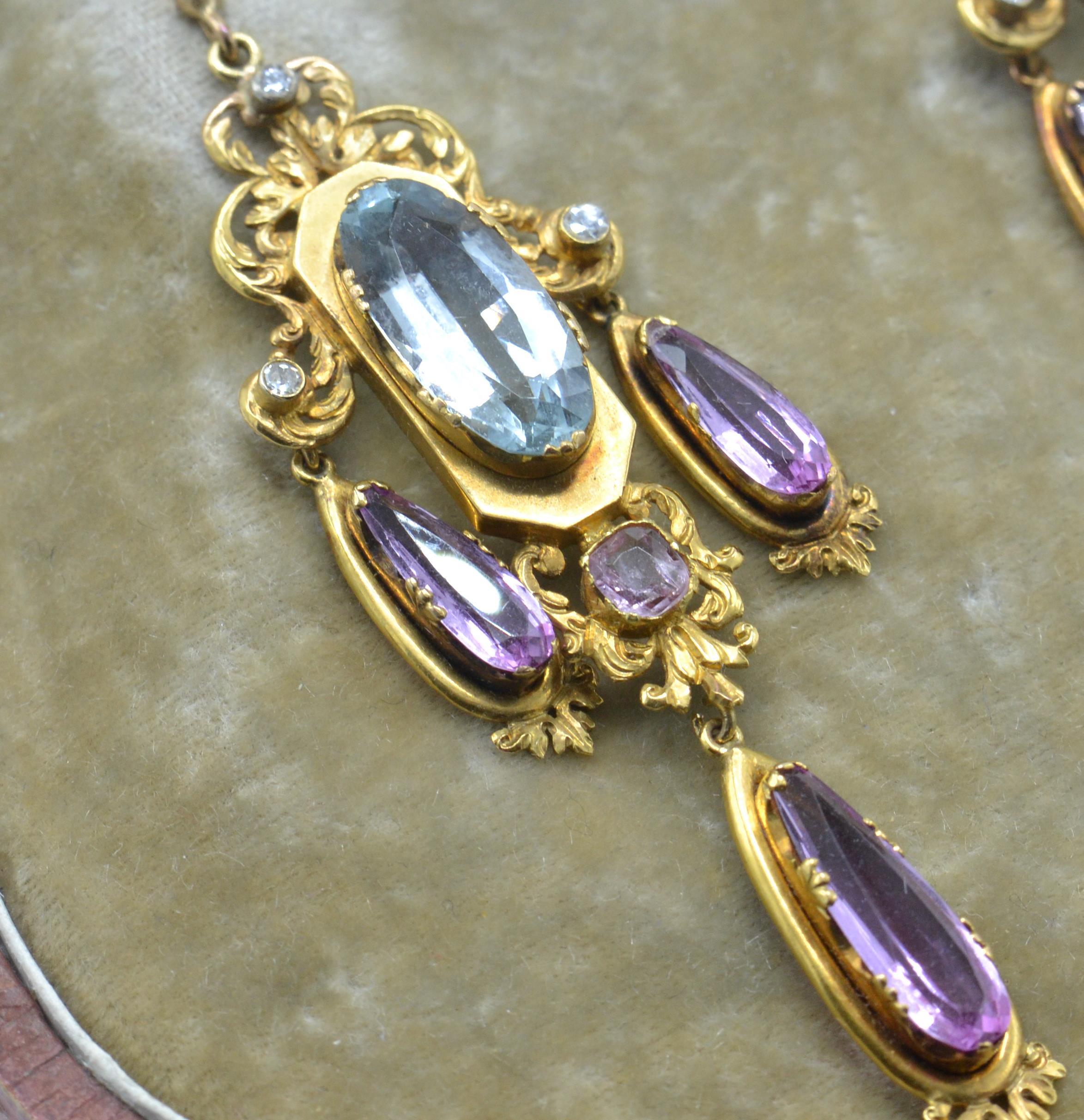 A cased 19th century gold, aquamarine, pink topaz and diamond brooch and earring suite. - Image 6 of 9