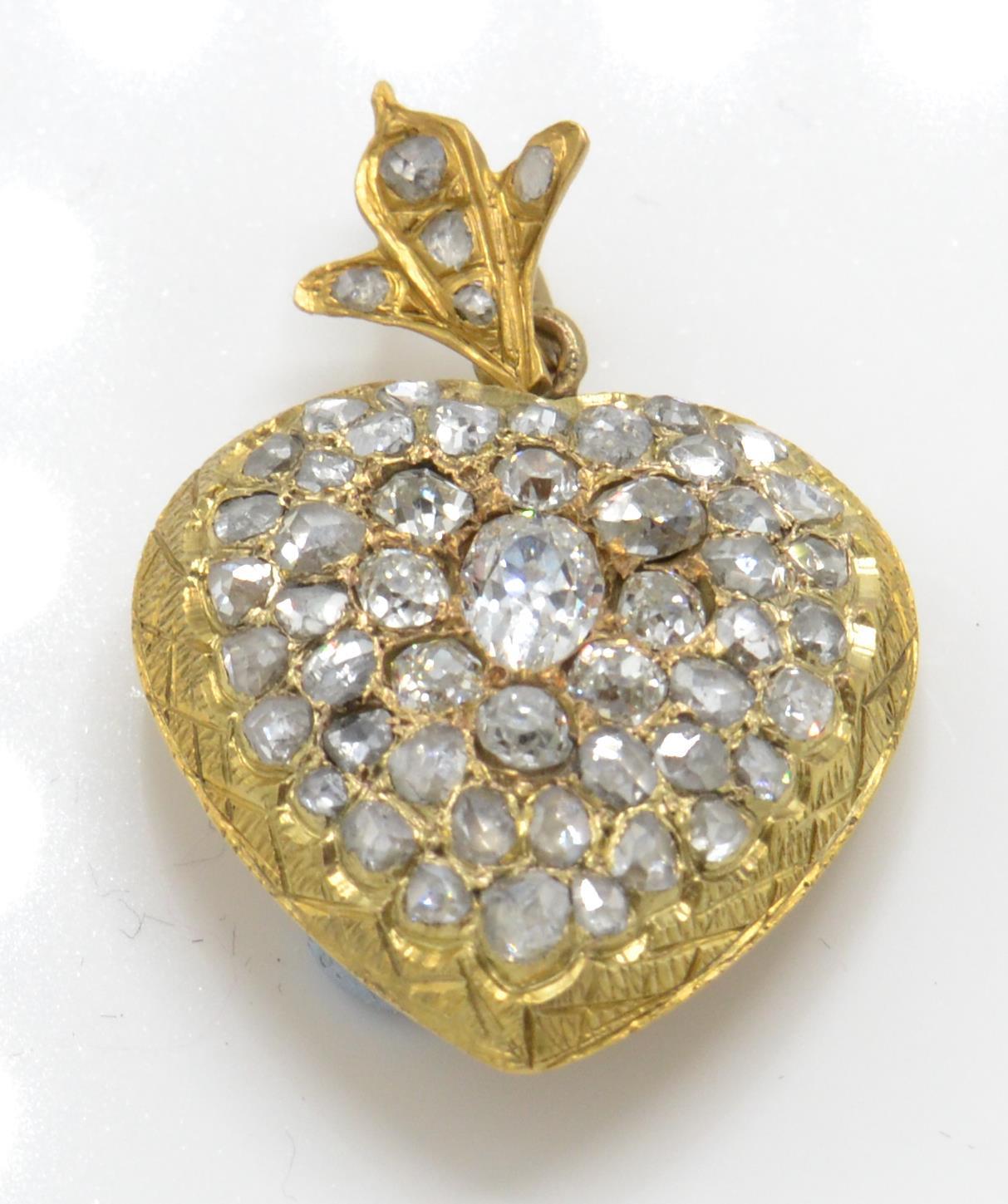 An antique Glad and diamond heart pendant. The pendant in the form of a heart encrusted with rose - Image 2 of 3