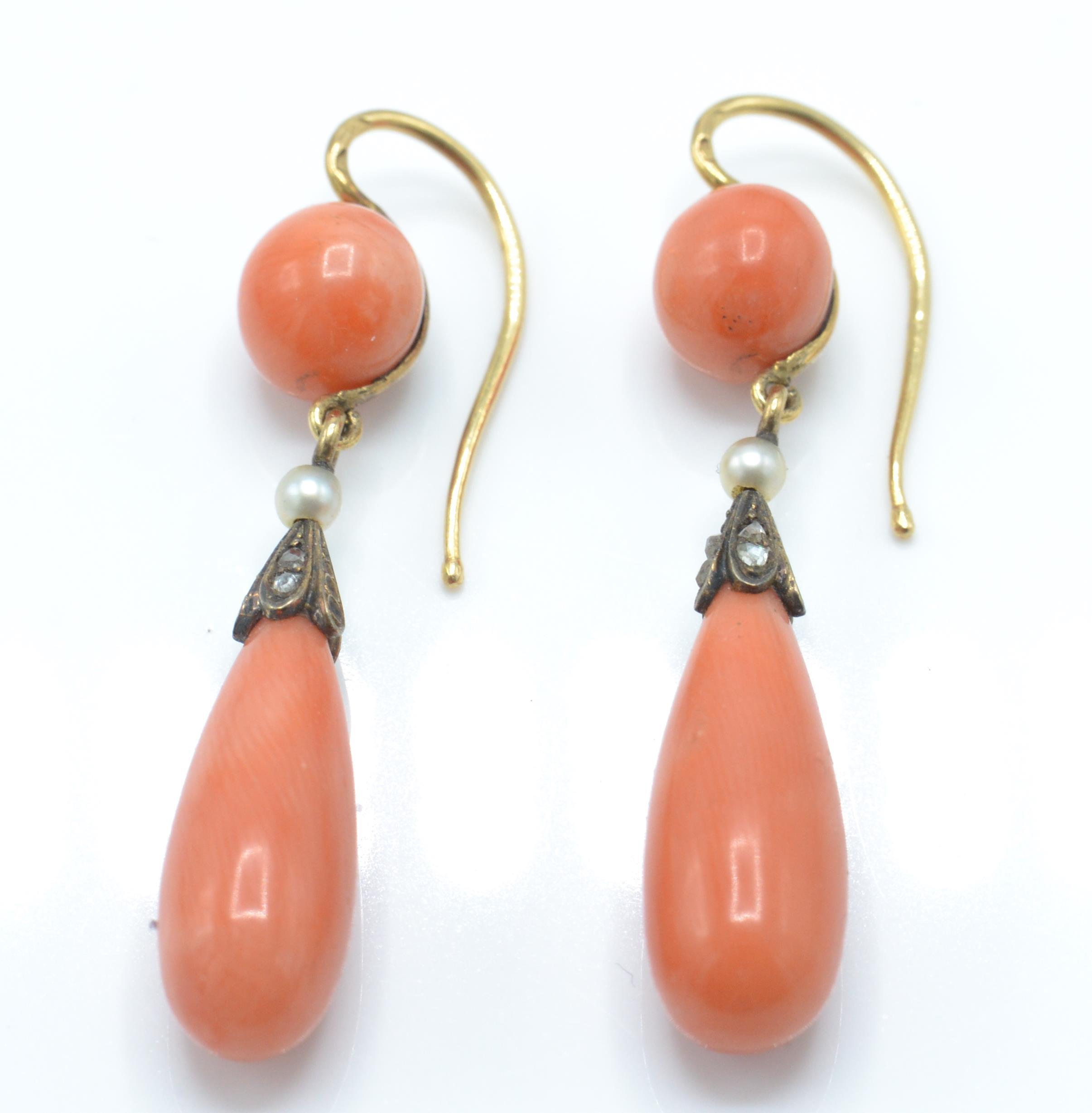 A pair of French 18ct gold precious coral, pearl and diamond earrings. - Image 4 of 7