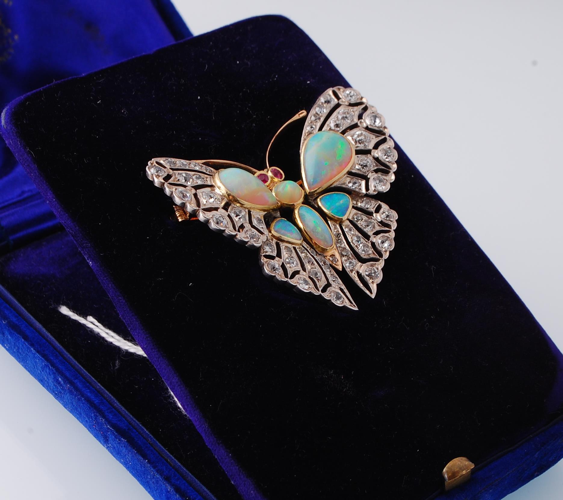 An Edwardian opal, ruby and diamond butterfly pendant brooch. - Image 2 of 8