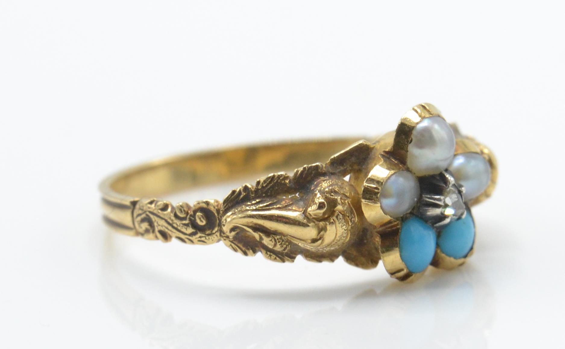 An antique gold pearl turquoise and diamond ring. The ring being set with a central rose cut diamond - Image 3 of 3