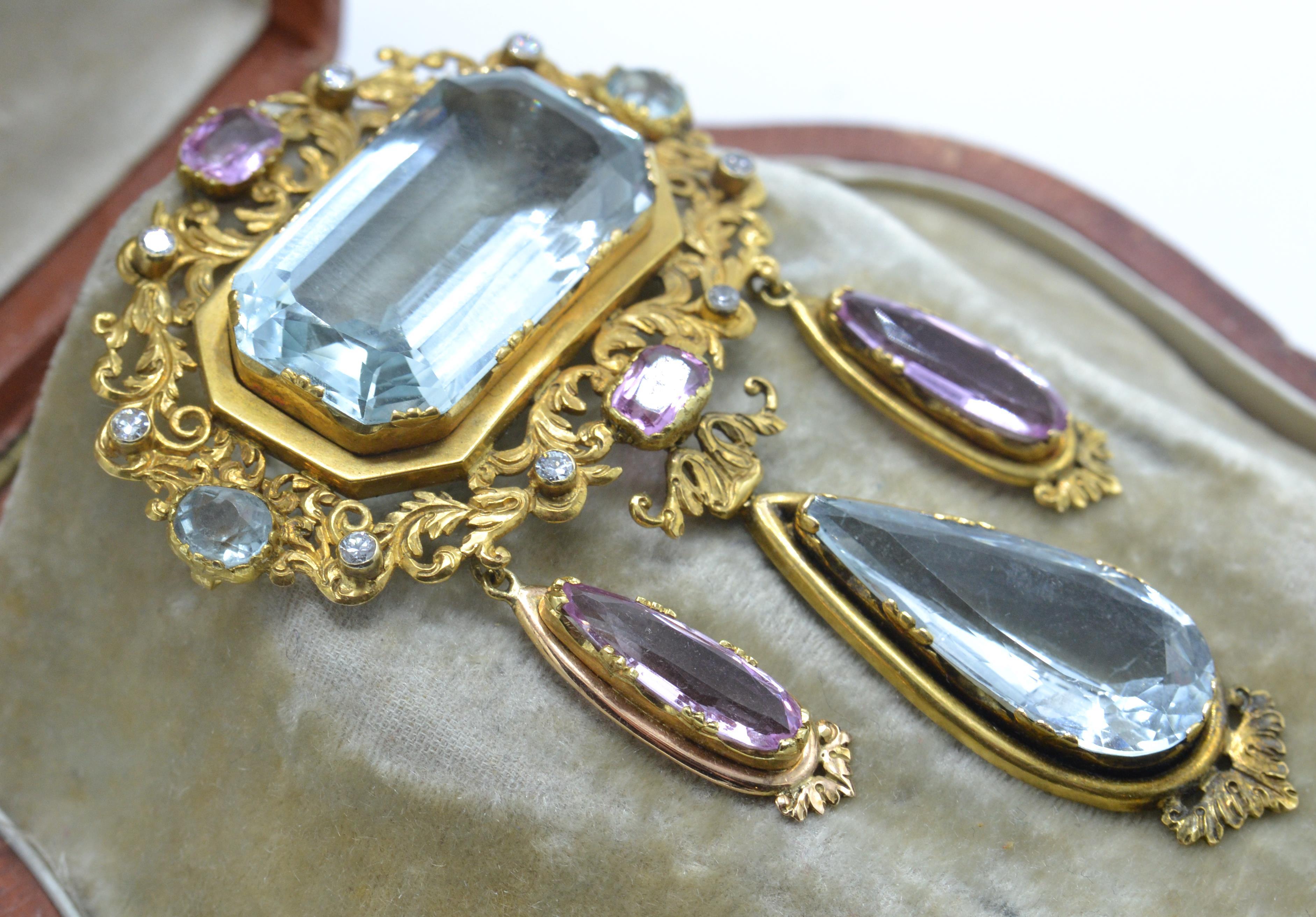 A cased 19th century gold, aquamarine, pink topaz and diamond brooch and earring suite. - Image 7 of 9