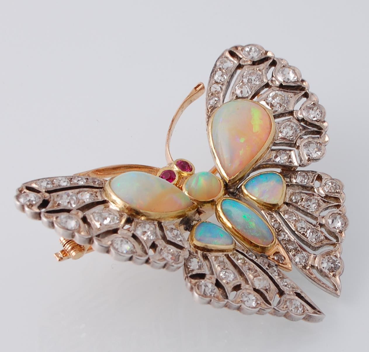 An Edwardian opal, ruby and diamond butterfly pendant brooch. - Image 4 of 8