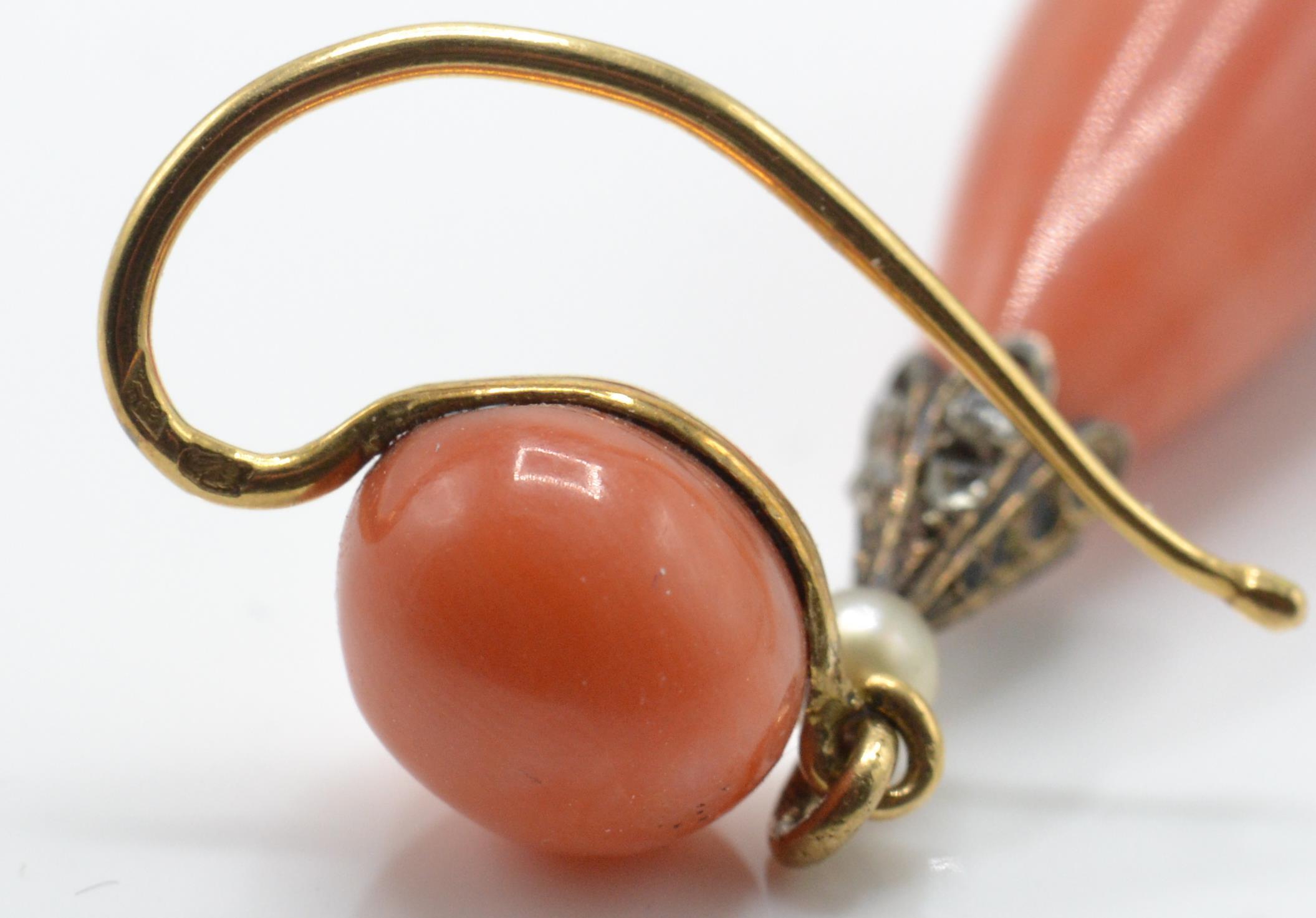 A pair of French 18ct gold precious coral, pearl and diamond earrings. - Image 6 of 7