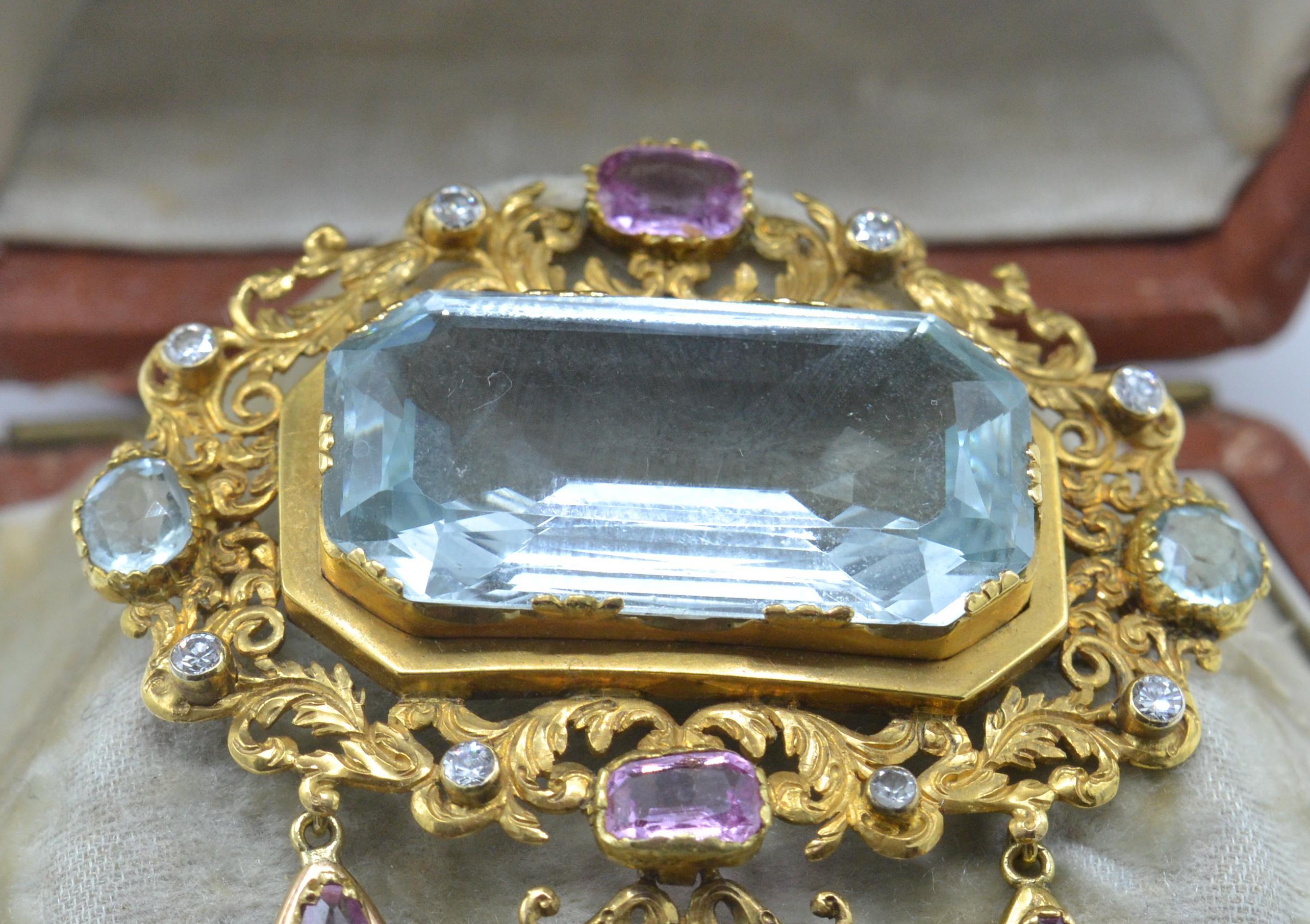 A cased 19th century gold, aquamarine, pink topaz and diamond brooch and earring suite. - Image 3 of 9