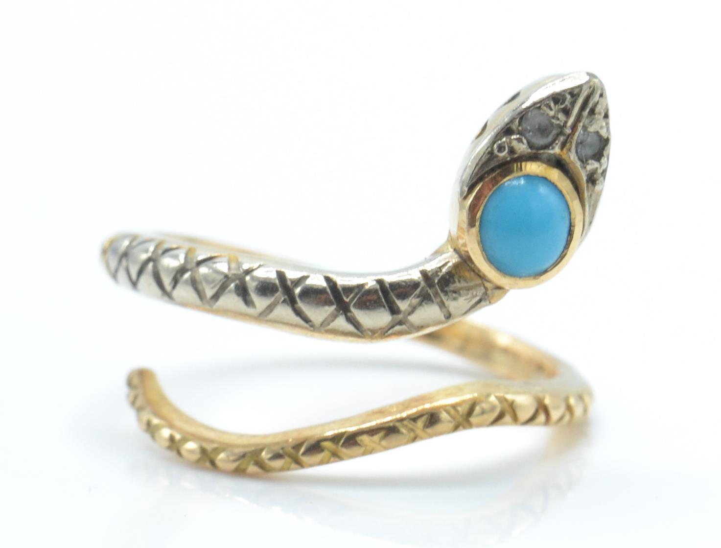 An antique turquoise and diamond snake ring. The ring in the form of a coiled snake - Image 2 of 4