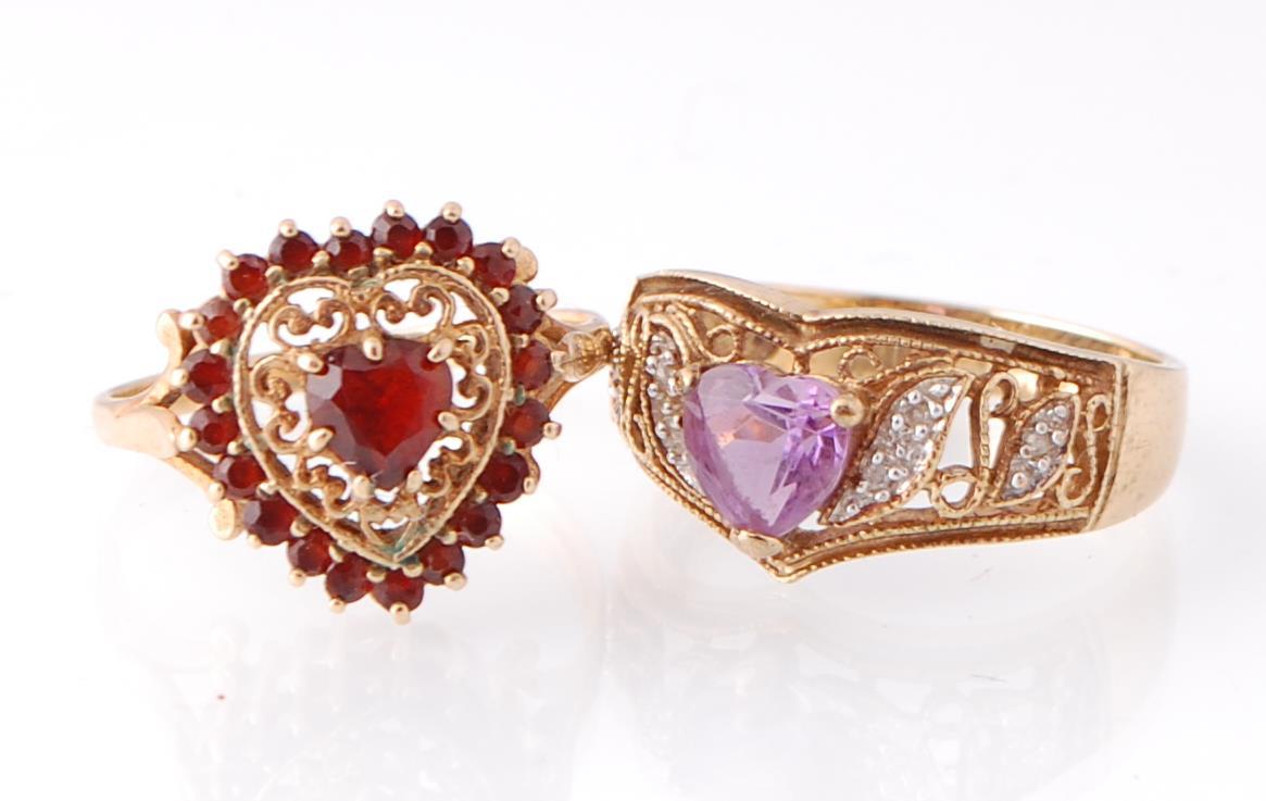 9CT GOLD AMETHYST AND DIAMOND RING WITH ANOTHER