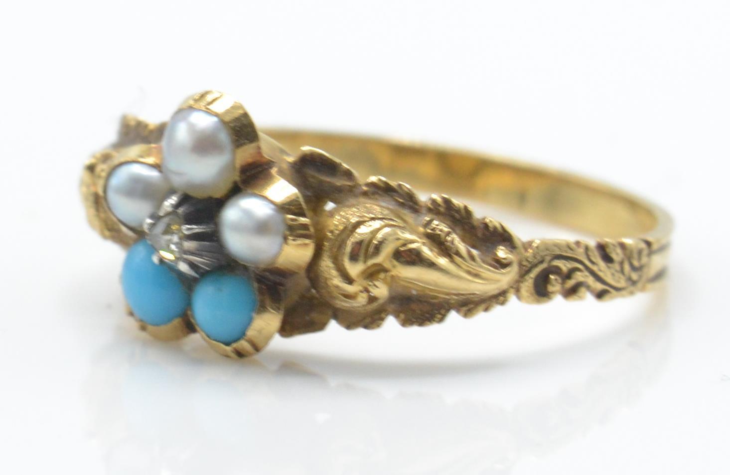 An antique gold pearl turquoise and diamond ring. The ring being set with a central rose cut diamond - Image 2 of 3