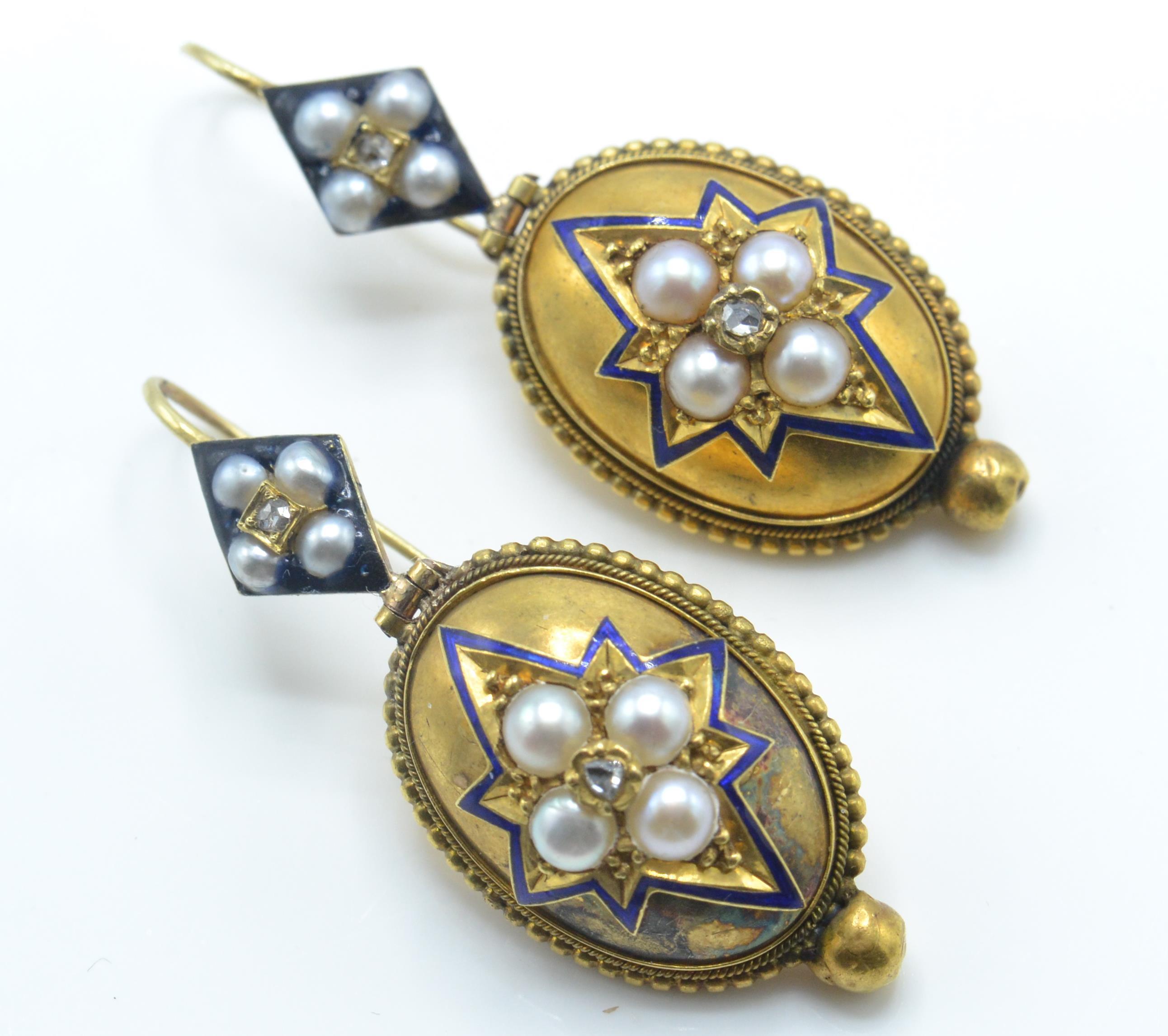 A pair of antique gold, pearl and enamel diamond drop earrings - Image 3 of 6