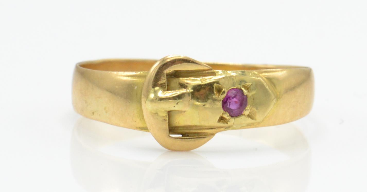 A hallmarked Victorian 18ct gold and ruby buckle ring