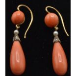 A pair of French 18ct gold precious coral, pearl and diamond earrings.