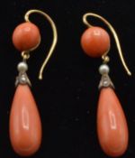 A pair of French 18ct gold precious coral, pearl and diamond earrings.