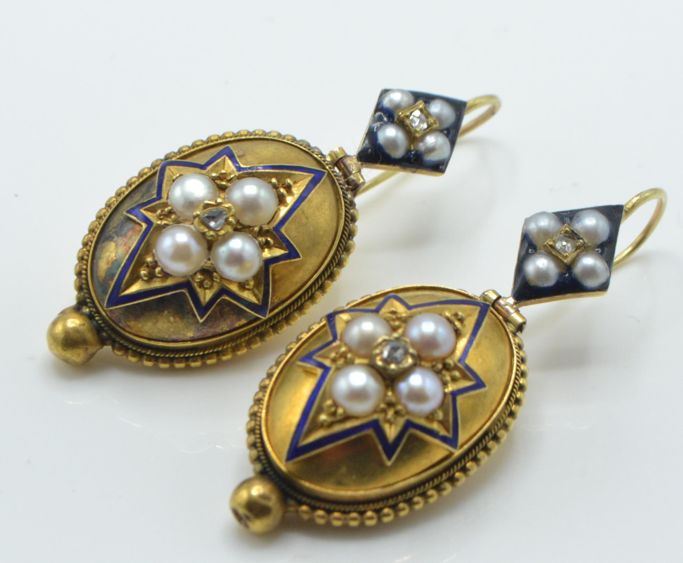 A pair of antique gold, pearl and enamel diamond drop earrings