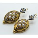 A pair of antique gold, pearl and enamel diamond drop earrings