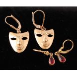 PAIR OF 9CT GOLD THEATRE MASK EARRINGS WITH ANOTHE