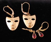 PAIR OF 9CT GOLD THEATRE MASK EARRINGS WITH ANOTHE