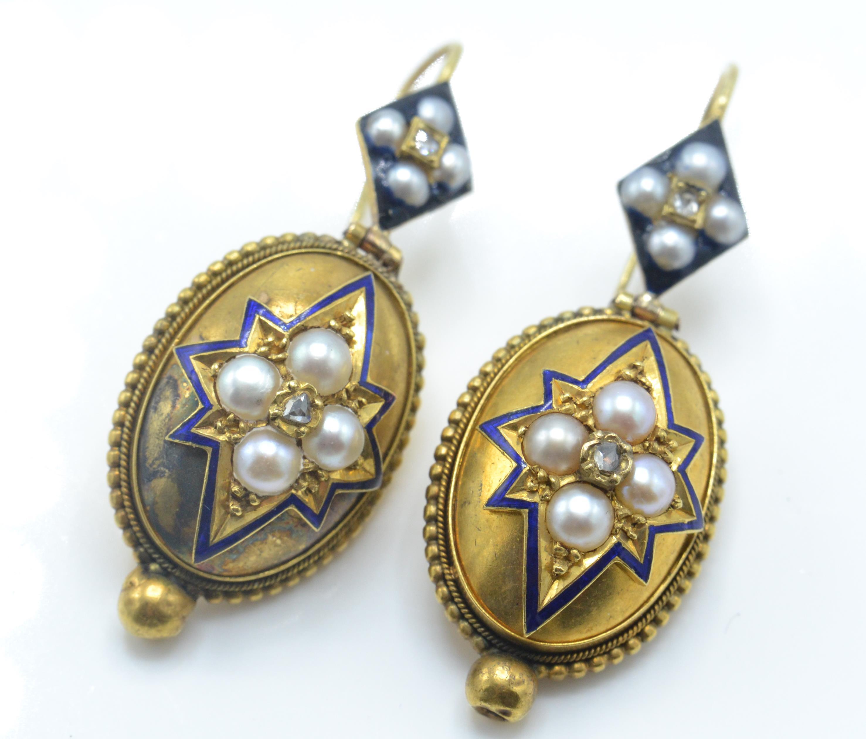 A pair of antique gold, pearl and enamel diamond drop earrings - Image 2 of 6