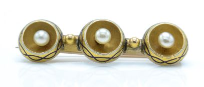 A Victorian 19th century 9ct gold pearl and enamel bar brooch pin