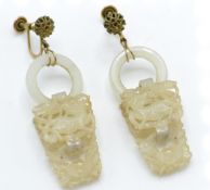 A pair of 19th century Chinese carved jade Qilin and Crab drop earrings.