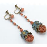A pair of early 20th century Chineee precious coral and kingfisher feather drop earrings