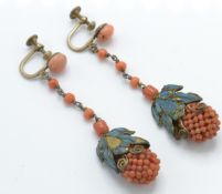 A pair of early 20th century Chineee precious coral and kingfisher feather drop earrings