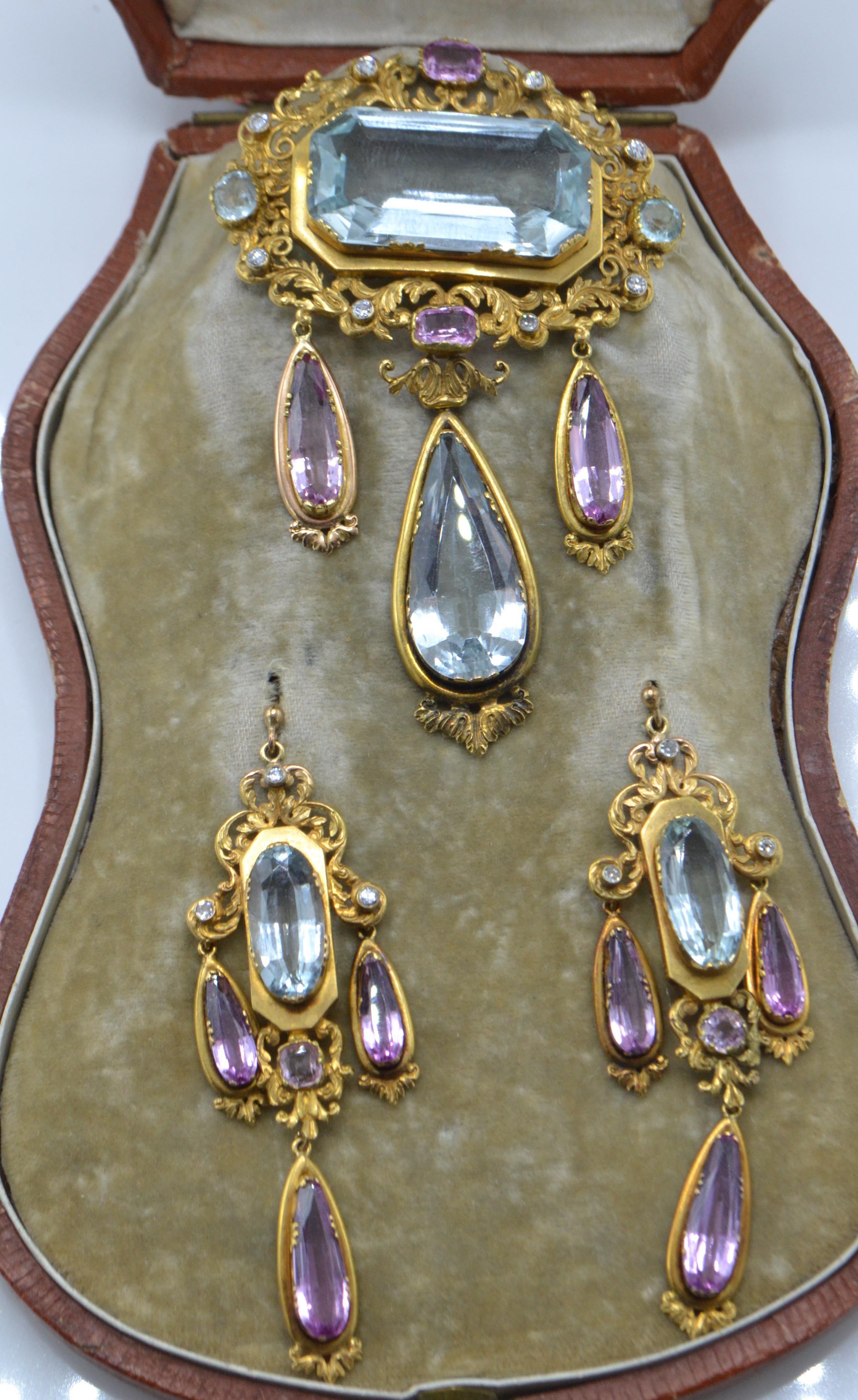 A cased 19th century gold, aquamarine, pink topaz and diamond brooch and earring suite. - Image 8 of 9