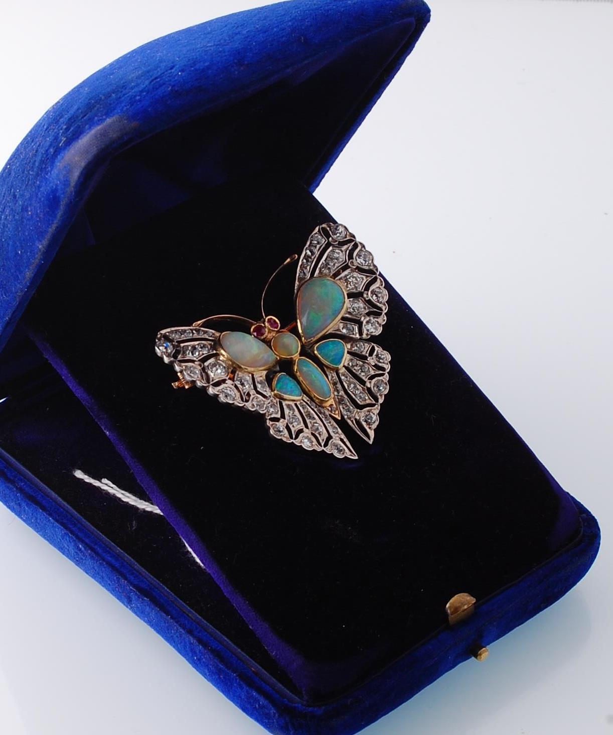 An Edwardian opal, ruby and diamond butterfly pendant brooch. - Image 6 of 8