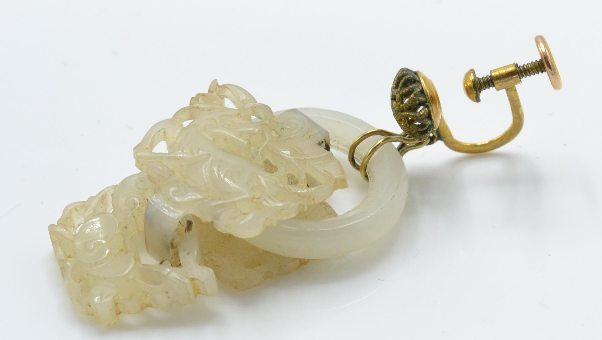 A pair of 19th century Chinese carved jade Qilin and Crab drop earrings. - Image 4 of 5