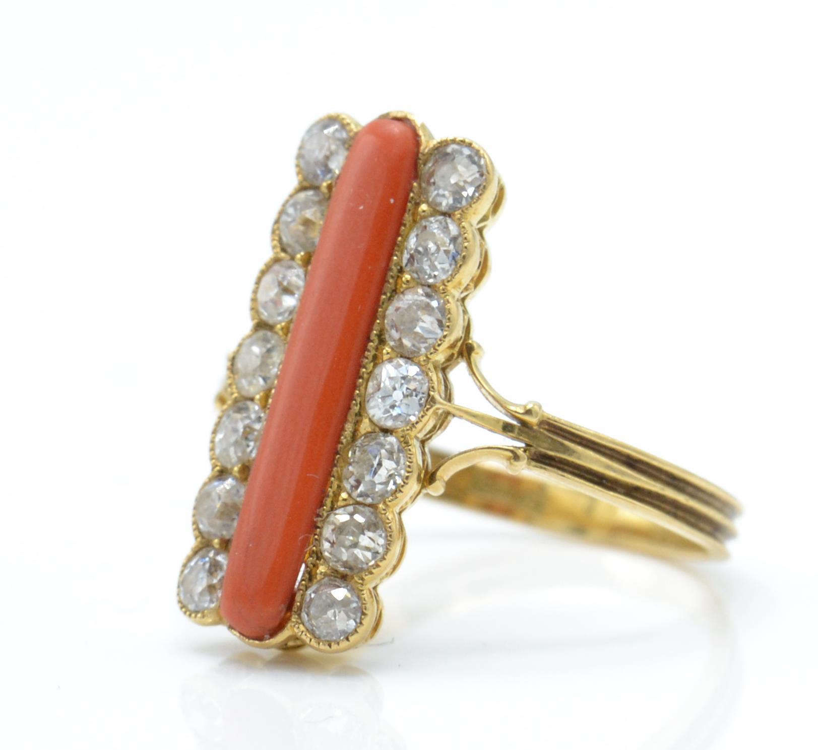 An 18ct gold 19th century coral and diamond ring. The ring having a central cabochon of coral - Image 2 of 4