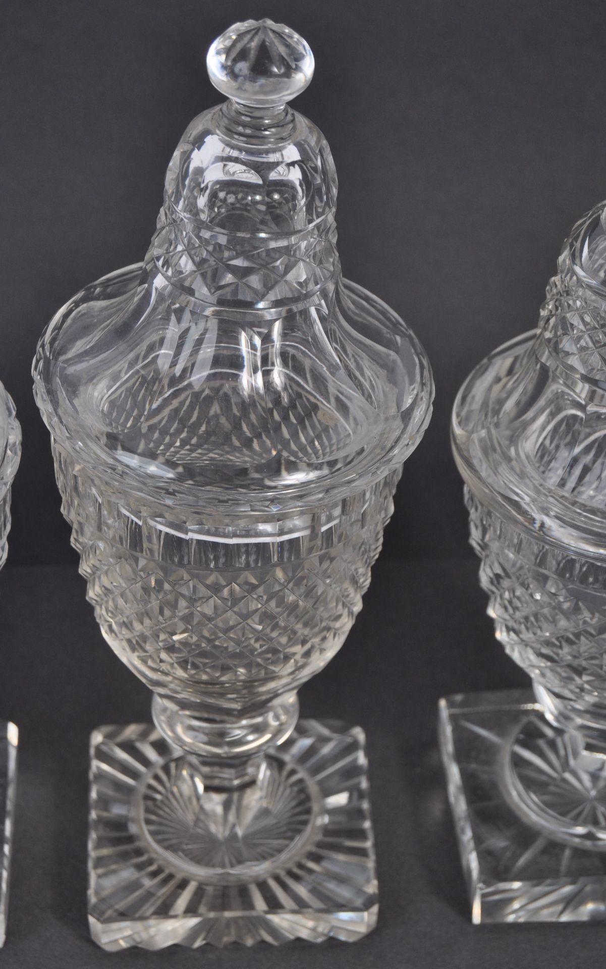 SET OF THREE EARLY 19TH CENTURY ANTIQUE GLASS LIDDED URNS - Image 3 of 4
