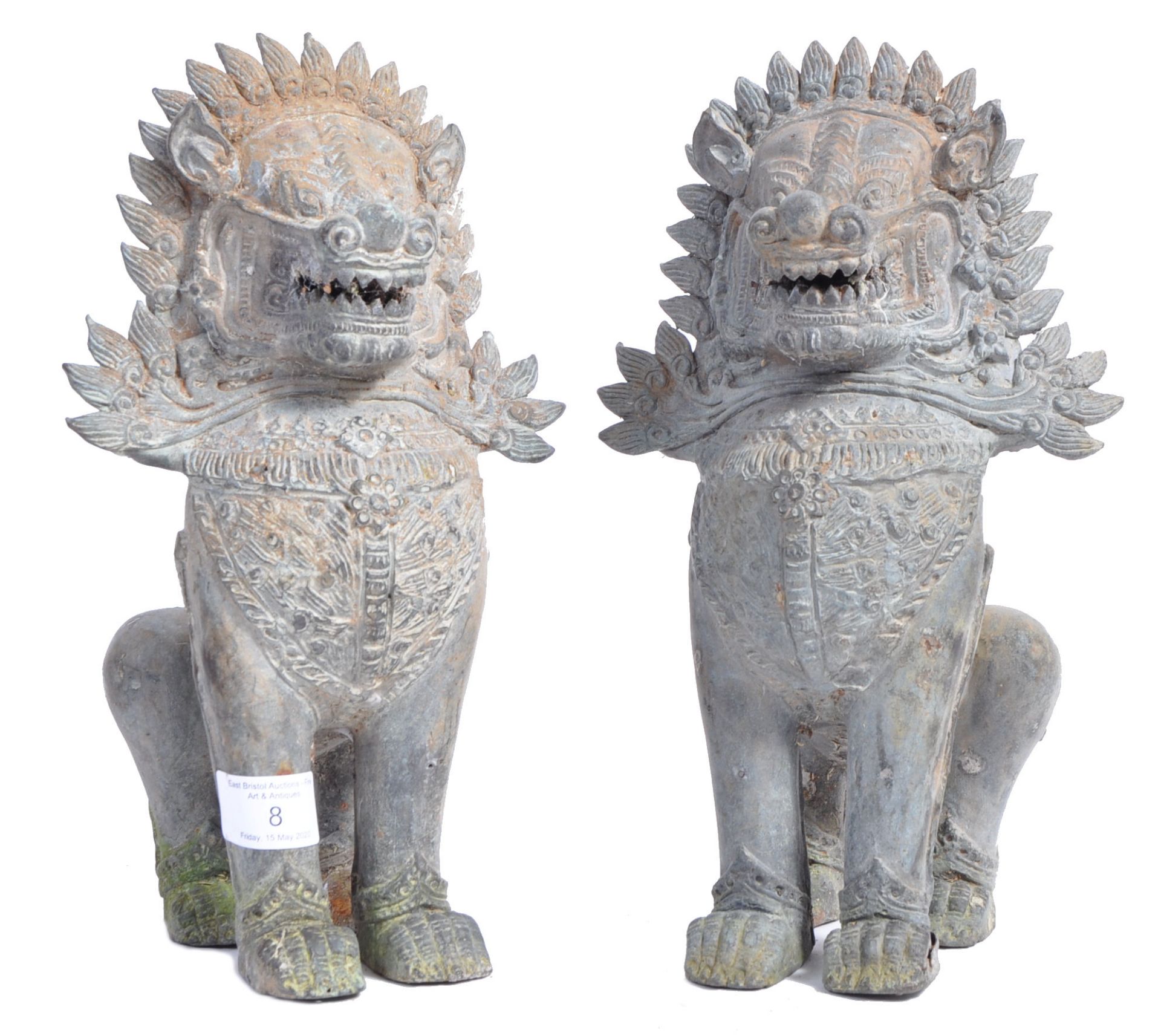 19TH CENTURY THAI ANTIQUE HOLLOW CAST BRONZE SINGHA LIONS