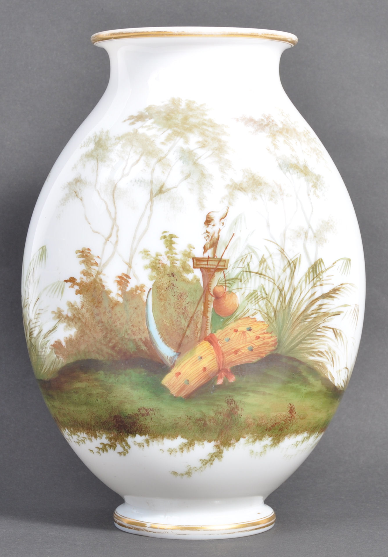 VICTORIAN CONTINENTAL MILK GLASS VASE WITH HAND PAINTED SCENES - Image 2 of 8