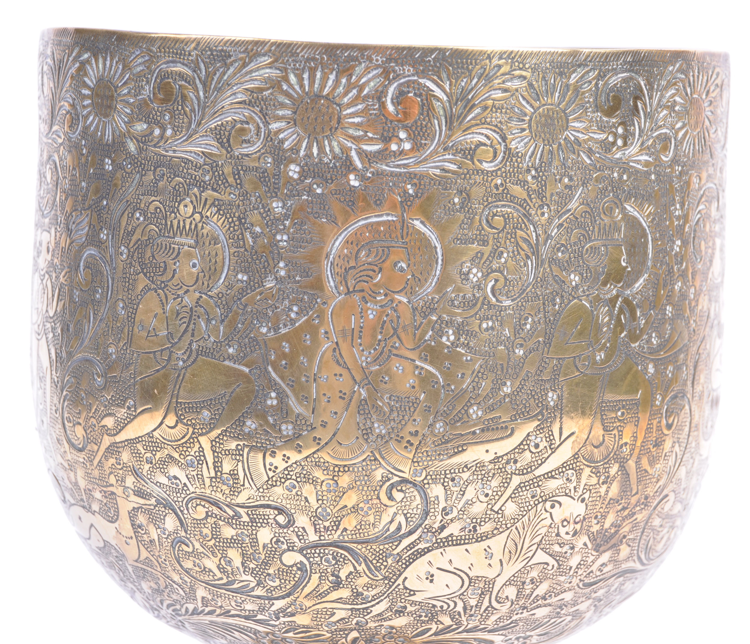 19TH CENTURY INDIAN BRASS ENGRAVED DEITY GOBLET - Image 2 of 5