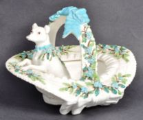 19TH CENTURY PORCELAIN BASKET WITH DOG FIGURINE