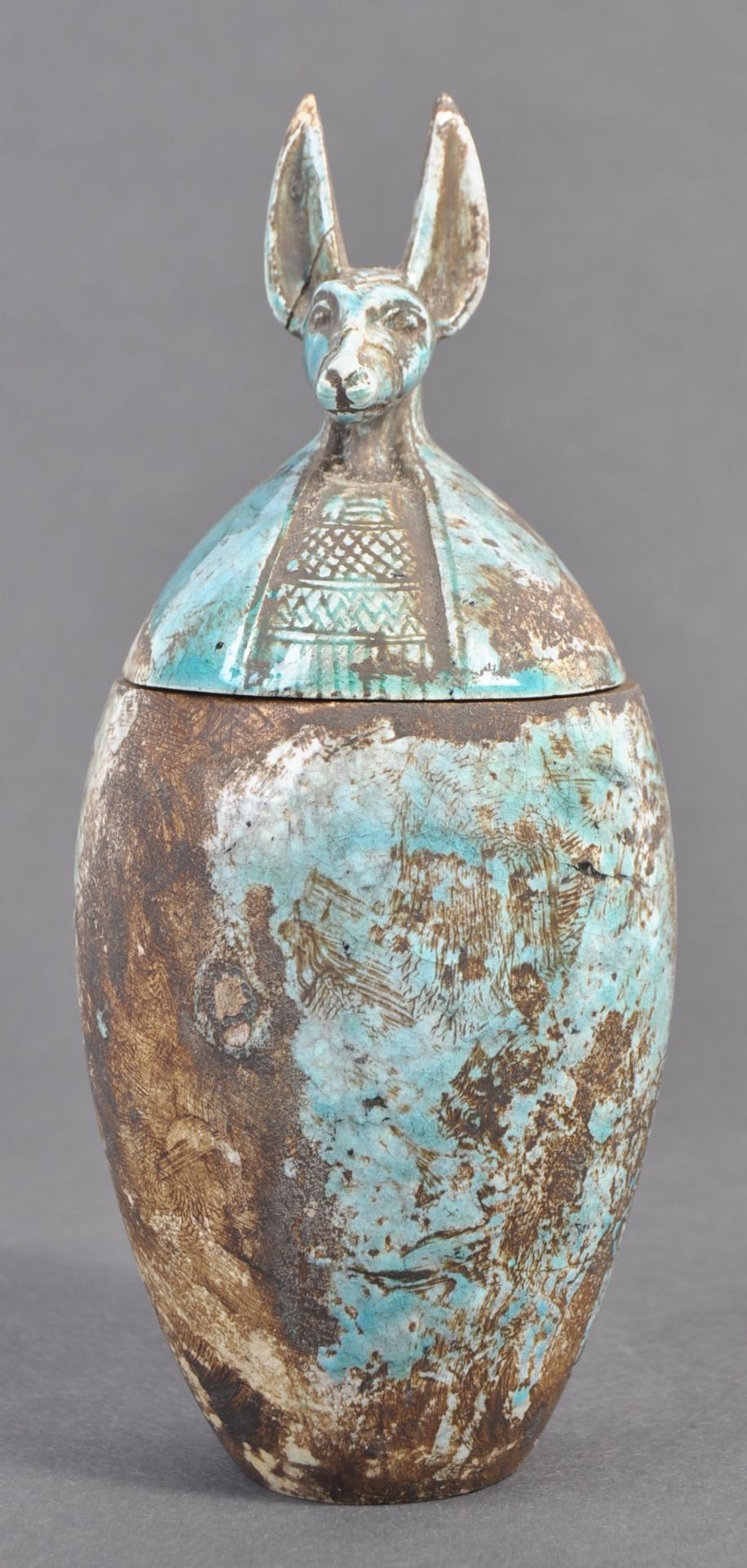 19TH CENTURY ANCIENT EGYPTIAN BLUE FAIENCE CANOPIC JAR