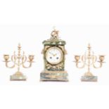 JAPY FRERES FRENCH GREEN MARBLE AND ORMOLU CLOCK AND GARNITURE SET