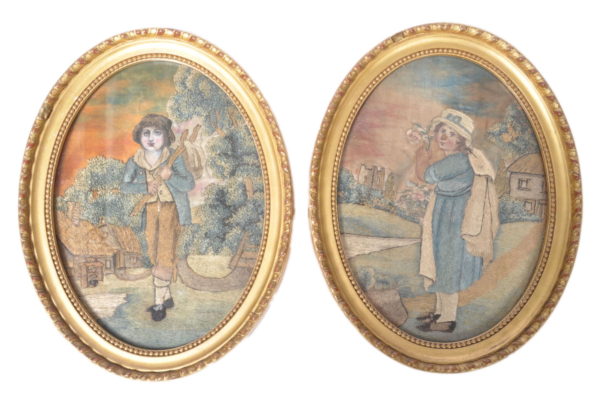 PAIR OF LATE 18TH CENTURY GEORGIAN SILK EMBRIODERY PICTURES