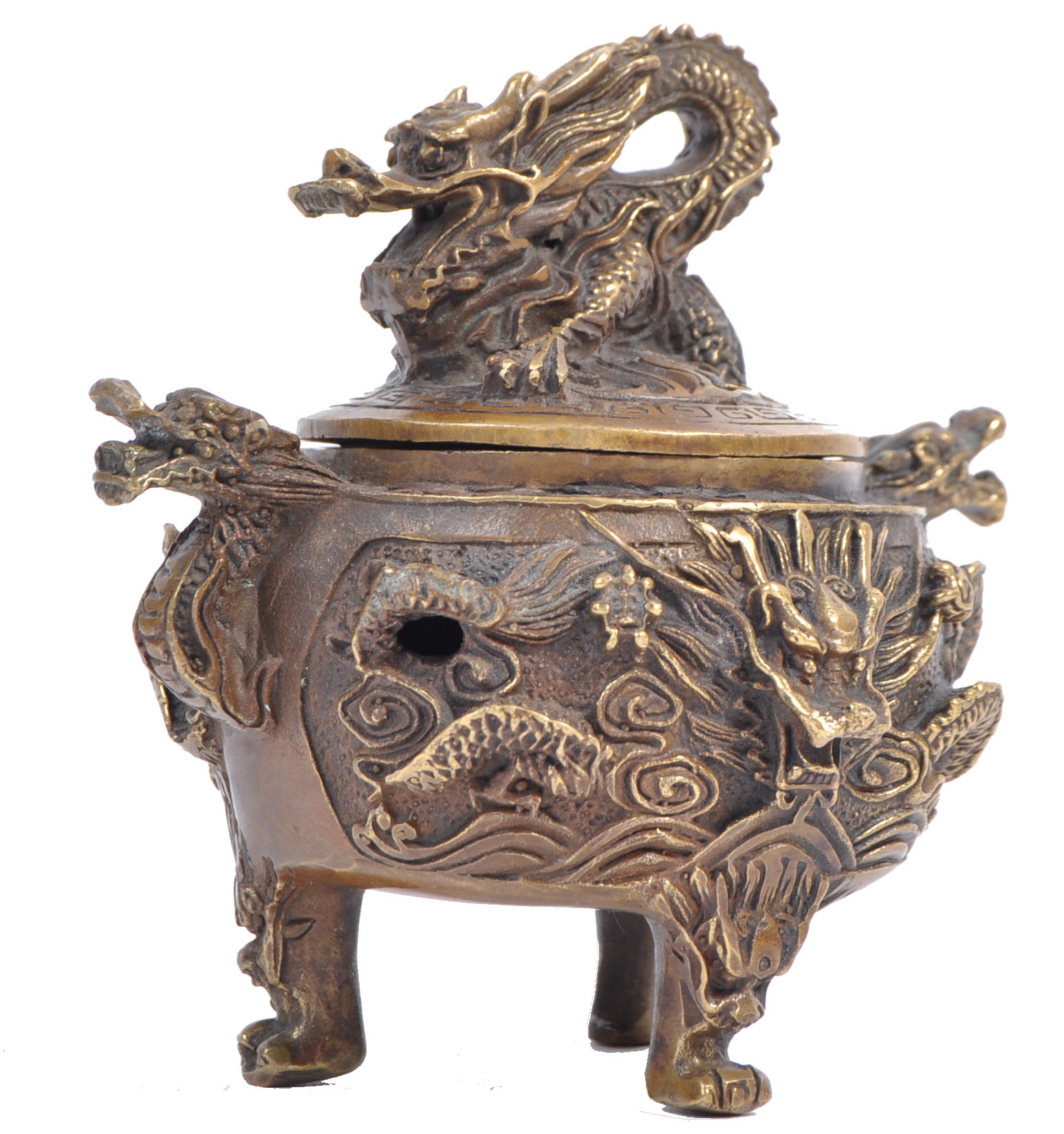 A Chinese cast bronze censer having intricate decoration in high relief...