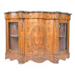 MARBLE AND MARQUETRY INLAID SERPENTINE FRONTED PIER CABINET SIDEBOARD CABINET
