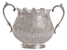 LATE 19TH CENTURY INDIAN SILVER TWIN HANDLED KASHMIRI STYLE BOWL