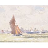 NORMAN WILKINSON CBE - WATERCOLOUR OF SHIPS IN HARBOUR