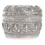 19TH CENTURY INDIAN SILVER LIDDED BOWL WITH RELIEF DECORATION