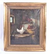 19TH CENTURY OIL ON CANVAS PAINTING OF CHICKENS