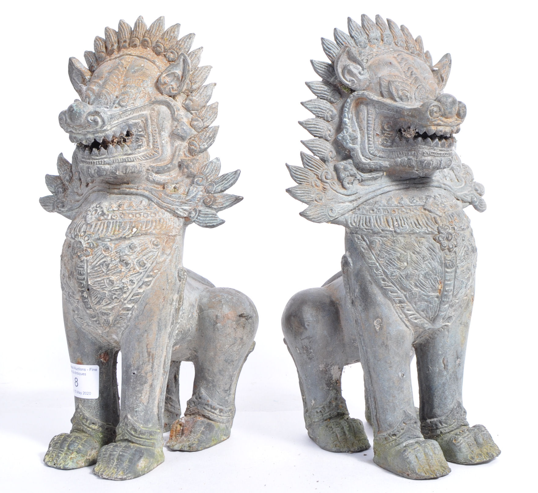 19TH CENTURY THAI ANTIQUE HOLLOW CAST BRONZE SINGHA LIONS - Image 2 of 5