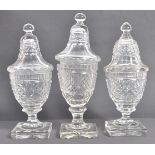 SET OF THREE EARLY 19TH CENTURY ANTIQUE GLASS LIDDED URNS