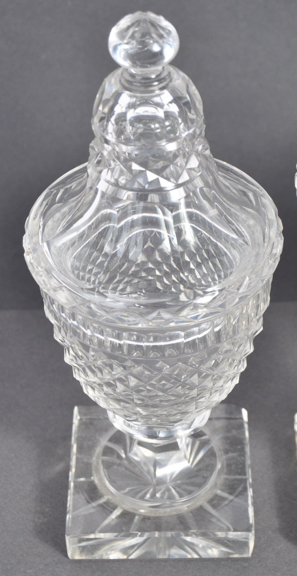 SET OF THREE EARLY 19TH CENTURY ANTIQUE GLASS LIDDED URNS - Image 2 of 4