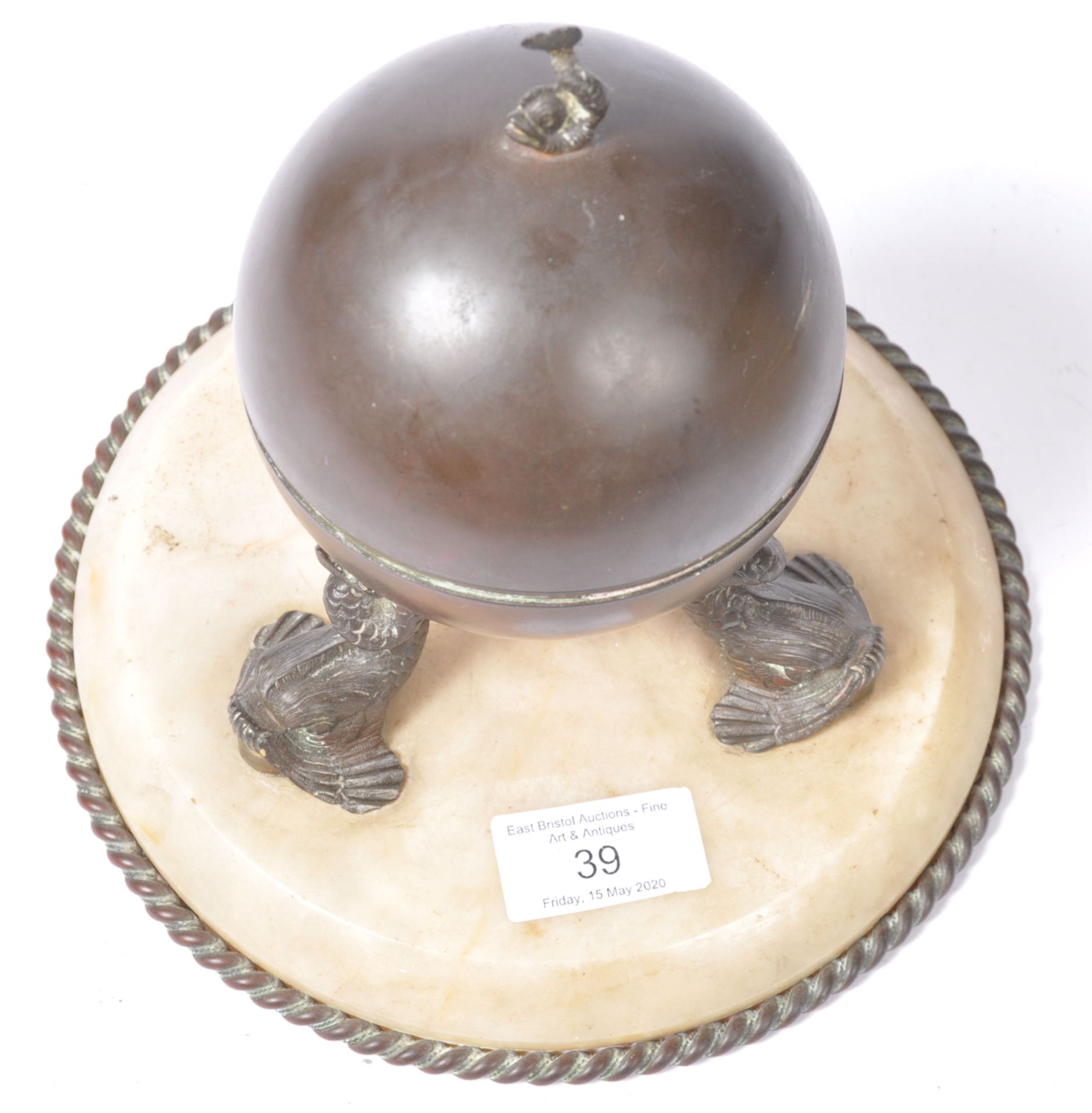 19TH CENTURY FRENCH ANTIQUE BRONZE AND MARBLE INKWELL - Image 2 of 5
