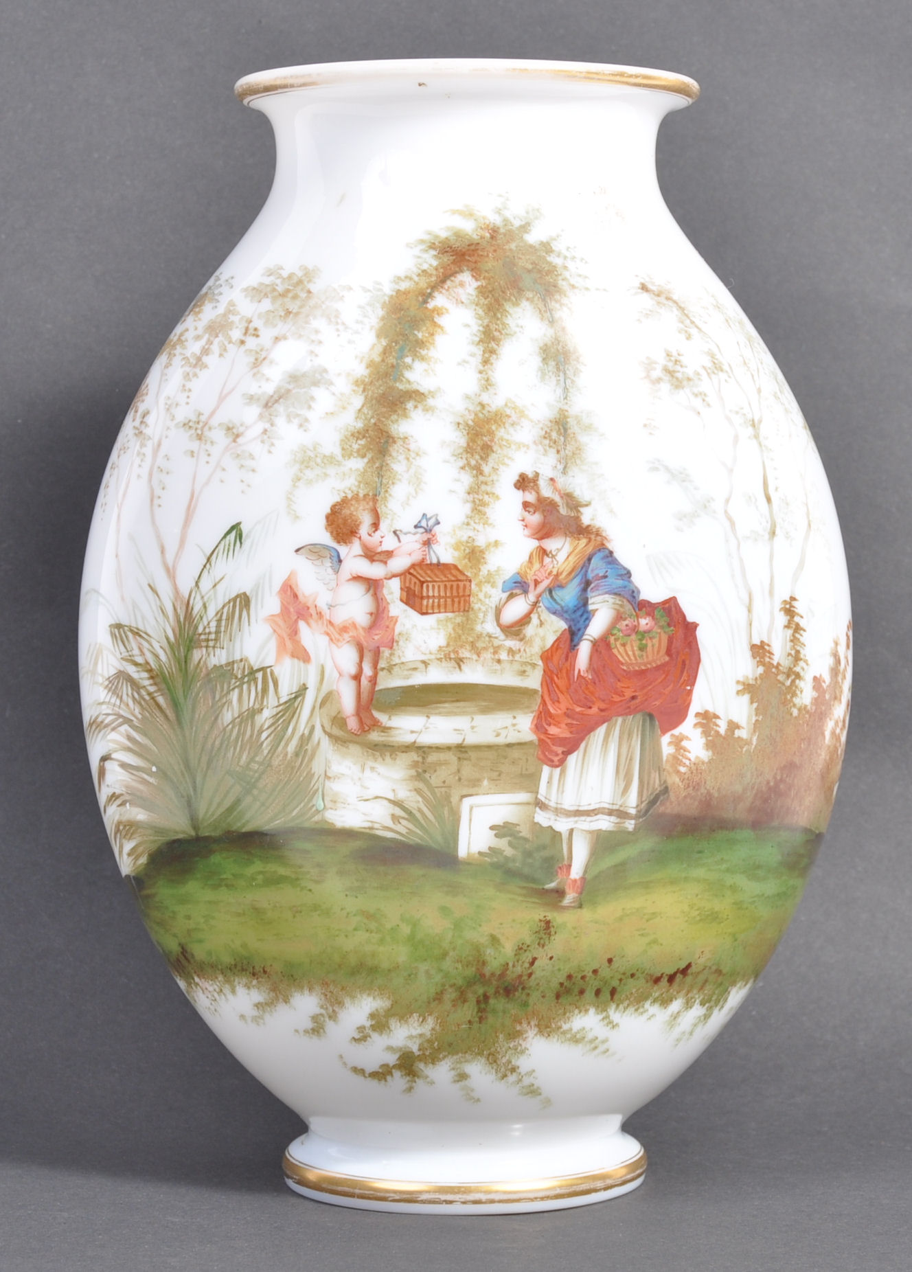 VICTORIAN CONTINENTAL MILK GLASS VASE WITH HAND PAINTED SCENES