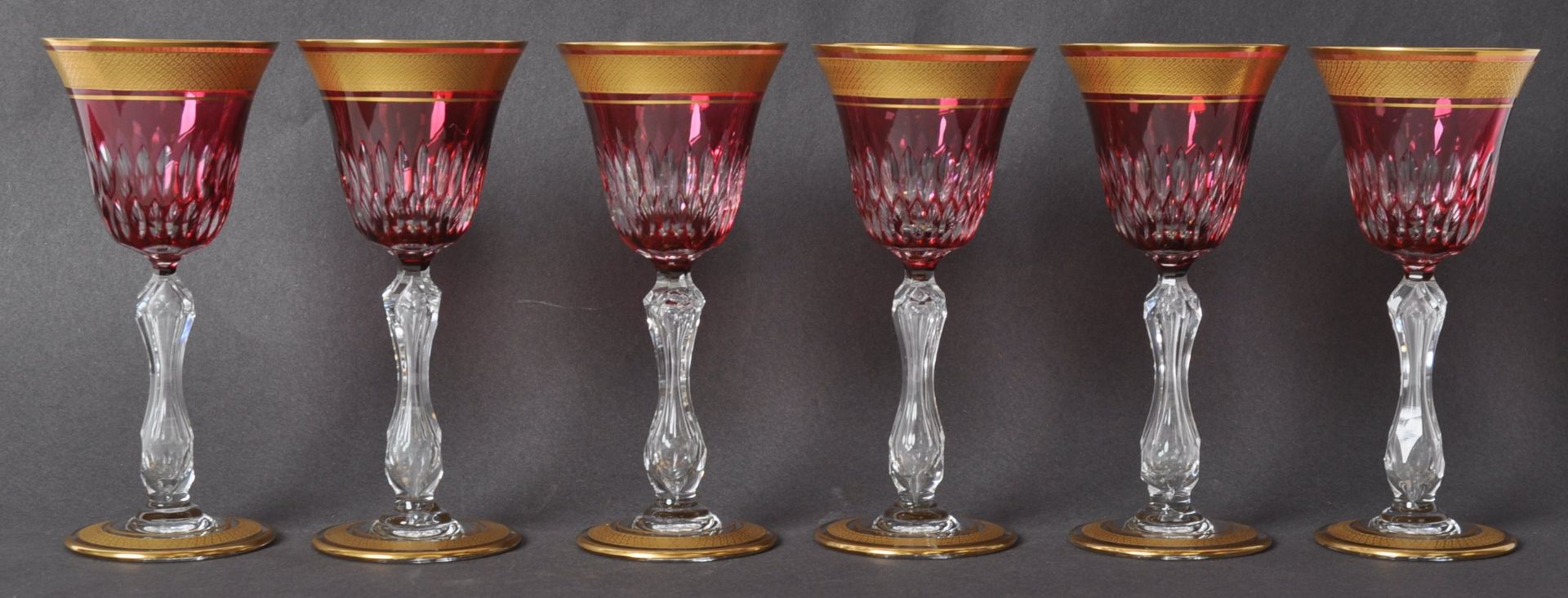 SET OF SIX SAINT LOUIS CRYSTAL WINE GOBLETS IN RUBY & GILT