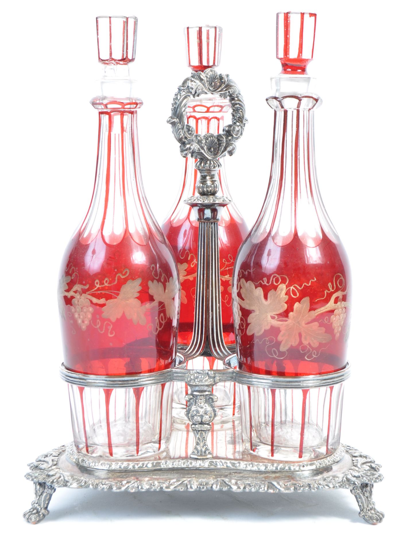 THREE 19TH CENTURY VICTORIAN RUBY GLASS DECANTERS